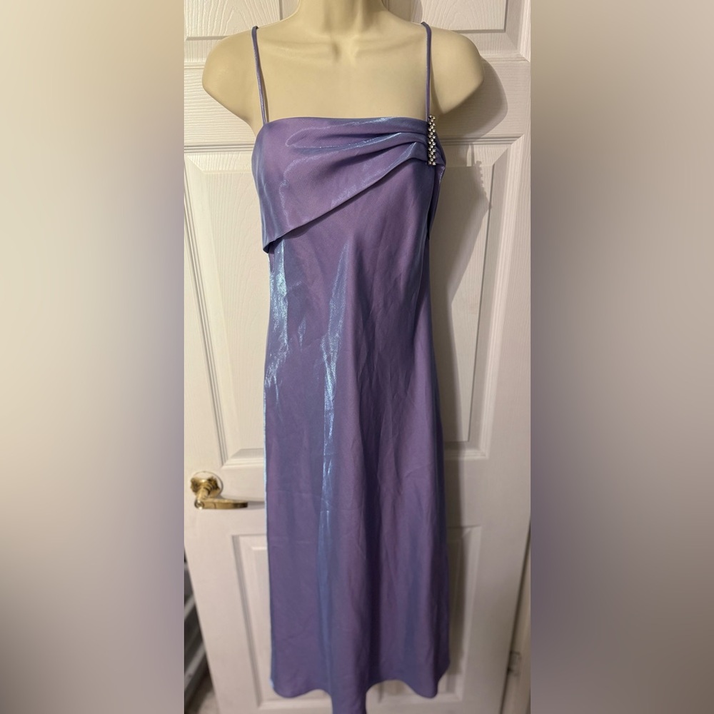 Vintage 90’s purple iridescent draped neckline rhinestone detail dress size 12